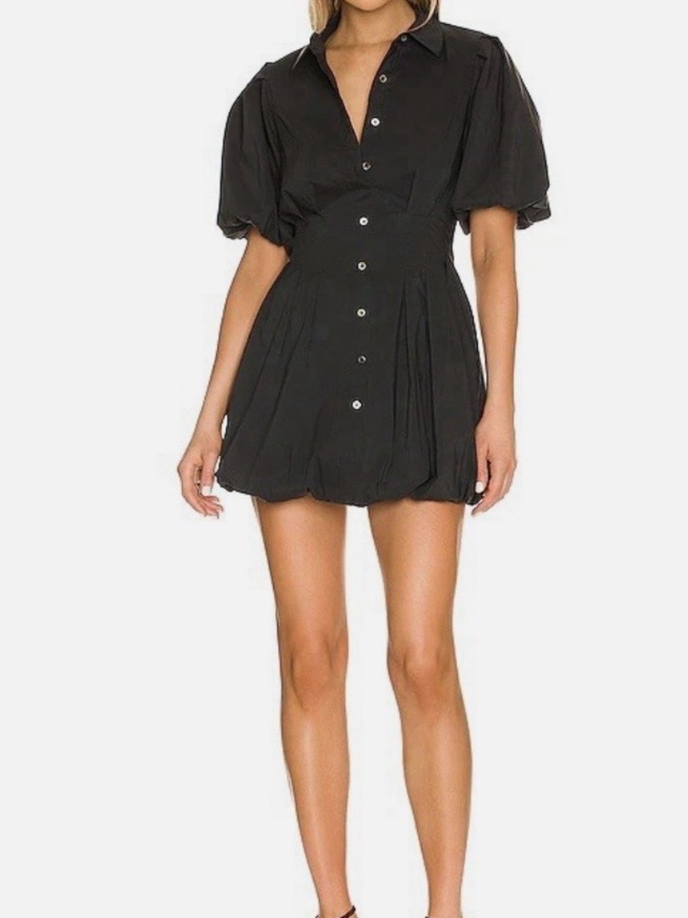 Simkhai Signature Black Cleo Dress Puff Sleeve Mini Pleated Bubble Hem